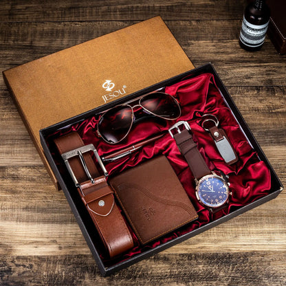 6Pcs/Set Fashion Mens Watches Set Luxury Gift Box Watch for Men Belt Glasses Keychain Pen Wallet Male Wristwatch Set with Box