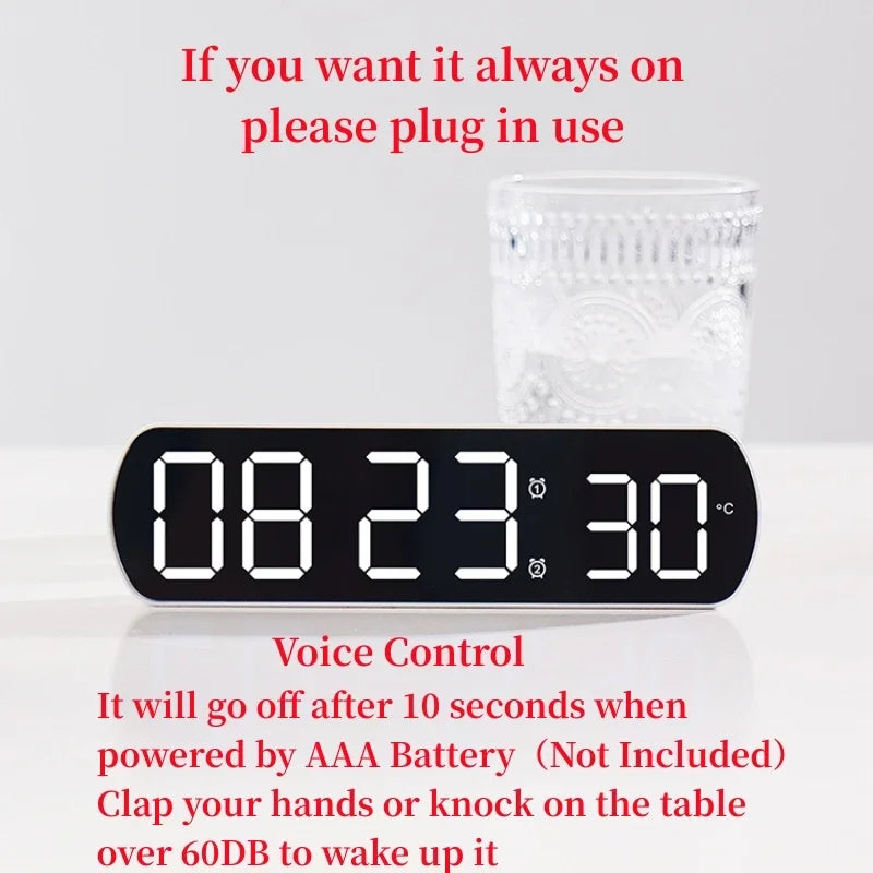 Voice Control Digital Alarm Clock TEMP Date Timer Countdown Night Mode Type-C USB 12/24H Anti-disturb Funtion 2 Alarms LED Clock