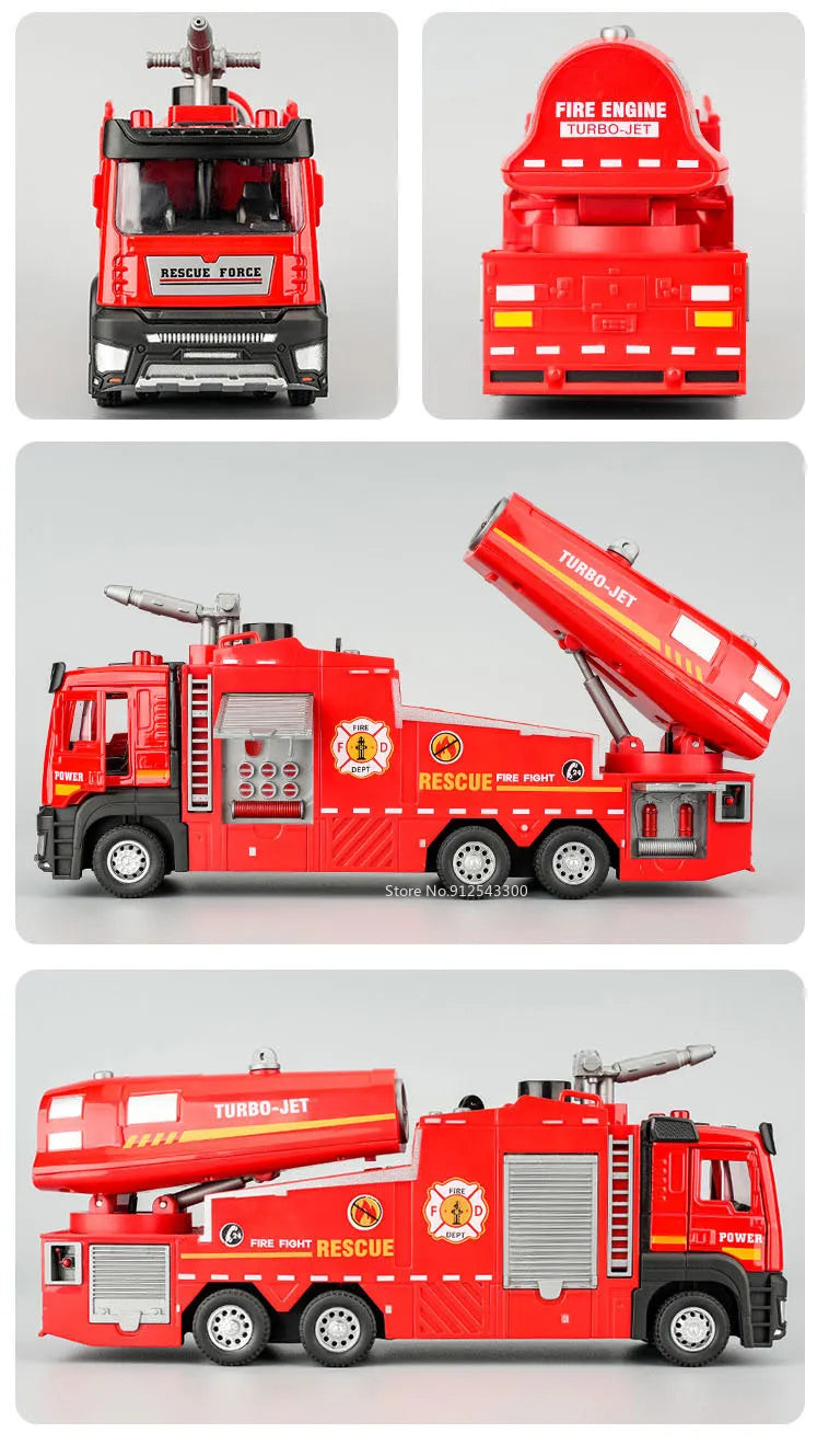 1:32 Scale Water Spray Fire Truck Model Ladder Trucks Toy Car Sound Light Pull Back Doors Opened Vehicle Collection Boys Gift