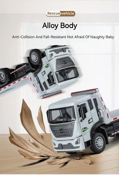 1:32 Road Rescue Flatbed Truck Alloy Dump Model Diecast Toys Car Doors Opened Sound Light Pull Back Vehices Children's Fun Gifts