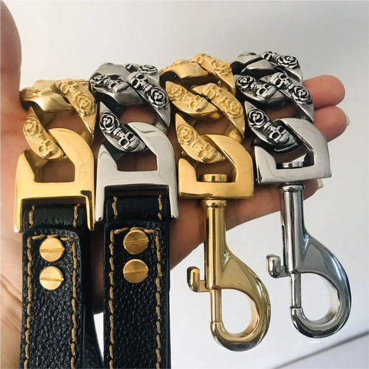 Fashion Hip-Hop SWAG 32MM Stainless Steel Gold Chain Pet Leash with Skull Pattern Anti-Lost for Medium and Large Dogs