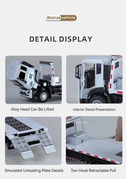 1:32 Road Rescue Flatbed Truck Alloy Dump Model Diecast Toys Car Doors Opened Sound Light Pull Back Vehices Children's Fun Gifts