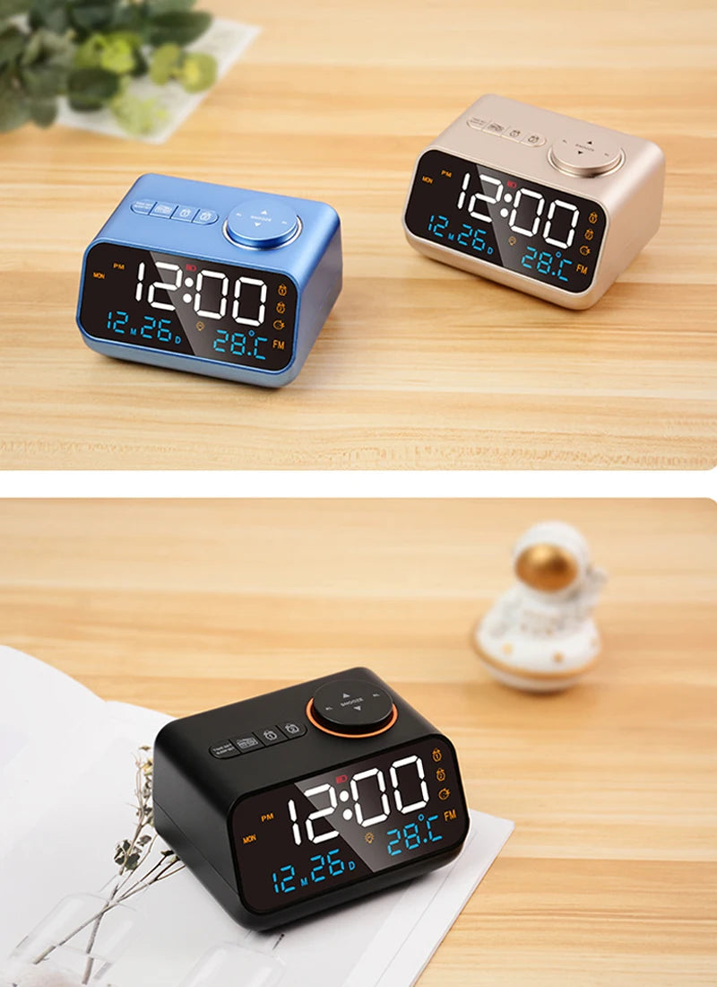 Mordern FM Radio LED Alarm Clock for Bedside Wake Up. Digital Table Calendar with Temperature Thermometer Humidity Hygrometer.