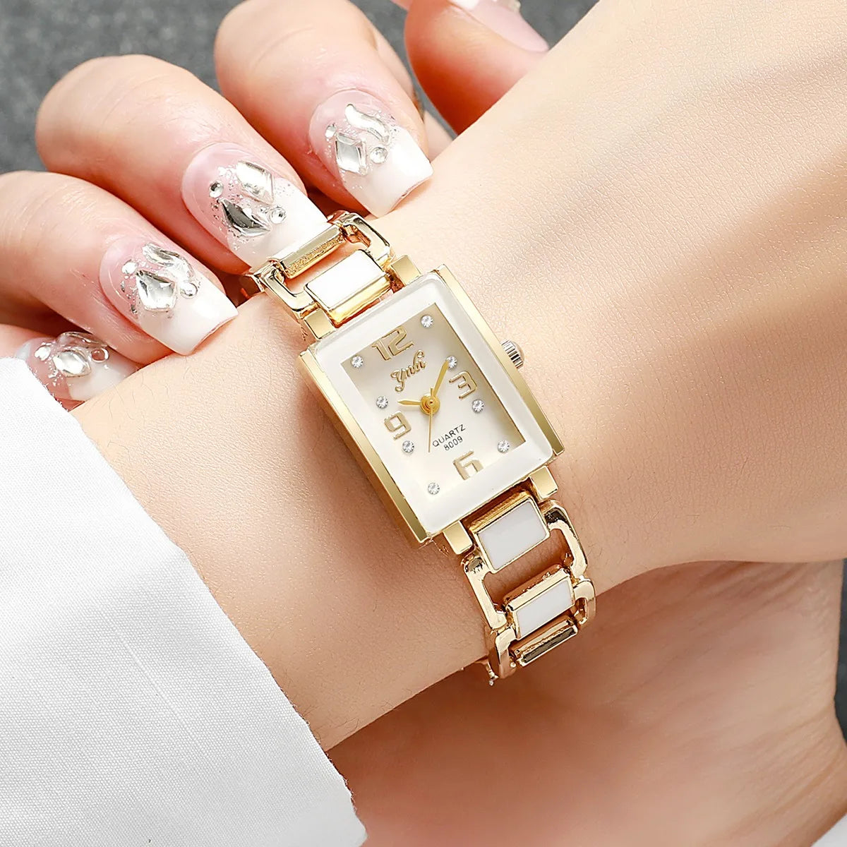5PCS Women Fashion Rectangle Quartz Wristwatch Ladies Elegant Bracelet Watch With Diamond Jewelry Set Reloj Mujer (Without Box)