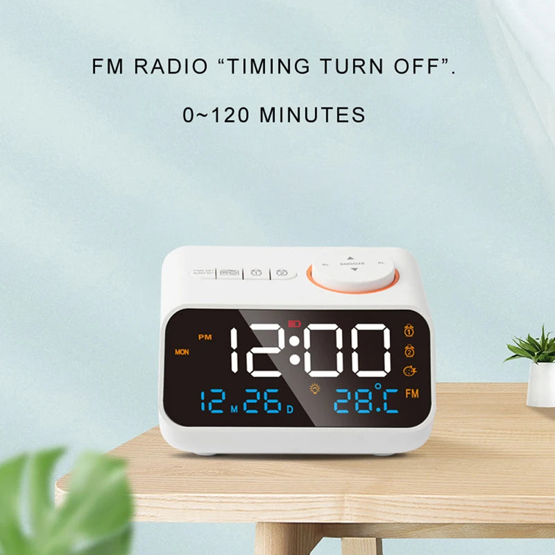 Mordern FM Radio LED Alarm Clock for Bedside Wake Up. Digital Table Calendar with Temperature Thermometer Humidity Hygrometer.