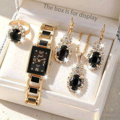 5PCS Women Fashion Rectangle Quartz Wristwatch Ladies Elegant Bracelet Watch With Diamond Jewelry Set Reloj Mujer (Without Box)