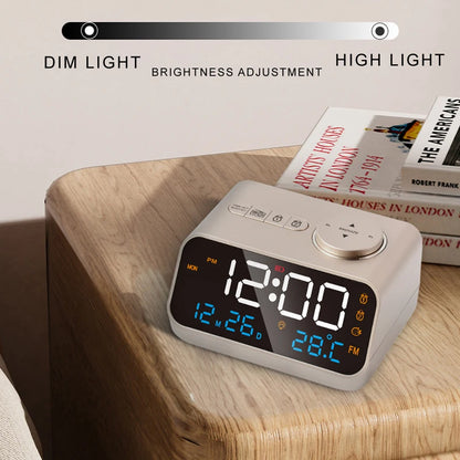 Mordern FM Radio LED Alarm Clock for Bedside Wake Up. Digital Table Calendar with Temperature Thermometer Humidity Hygrometer.