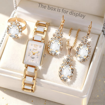 5PCS Women Fashion Rectangle Quartz Wristwatch Ladies Elegant Bracelet Watch With Diamond Jewelry Set Reloj Mujer (Without Box)