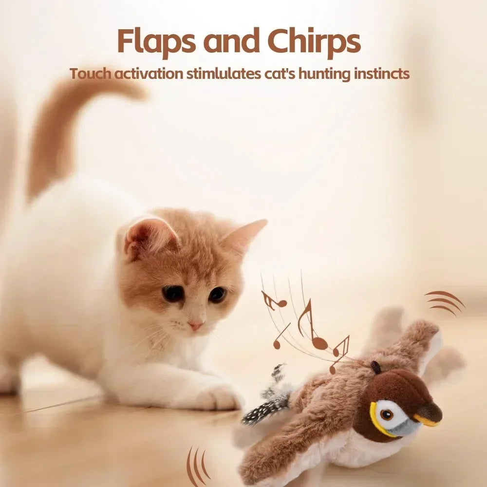 Interactive Cat Toy Chirping Flapping Sparrow Dog Toys Rechargeable Touch Squeak Bird-Shaped Plush Toy with Catnip Pet Supply