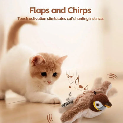 Interactive Cat Toy Chirping Flapping Sparrow Dog Toys Rechargeable Touch Squeak Bird-Shaped Plush Toy with Catnip Pet Supply