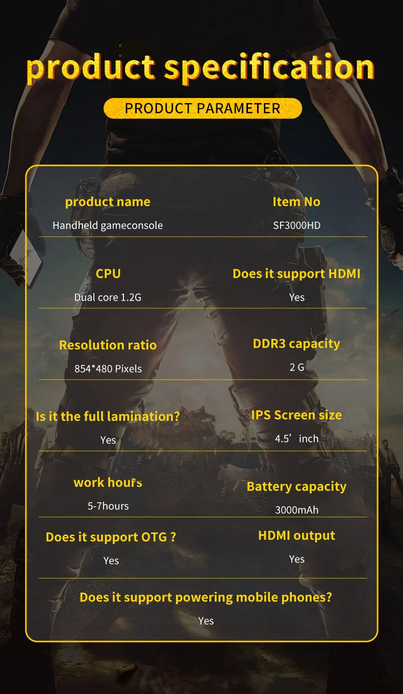 4.5-Inch IPS HD Screen Handheld Wireless Game Console SF3000HD With 1.2G Dual-Core Processor Large Battery Handheld Game Players