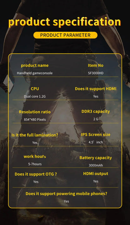 4.5-Inch IPS HD Screen Handheld Wireless Game Console SF3000HD With 1.2G Dual-Core Processor Large Battery Handheld Game Players