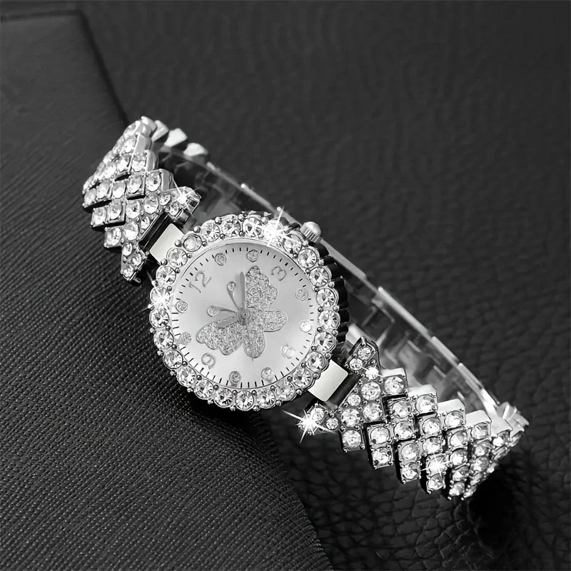 5PCS Fashion Rhinestone Butterfly Dial Women Quartz Watch Elegant Ladies Bracelet Wristwatch Jewelry Set Reloj Mujer（Without Box