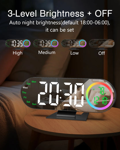 ORIA LED Mirror Clock 8.5" Alarm Clock with 16 Color RGB Light USB Powered Table Clock Temp Week Display For Home Bedroom Office