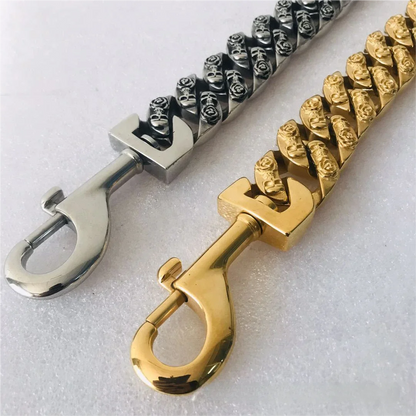 Fashion Hip-Hop SWAG 32MM Stainless Steel Gold Chain Pet Leash with Skull Pattern Anti-Lost for Medium and Large Dogs