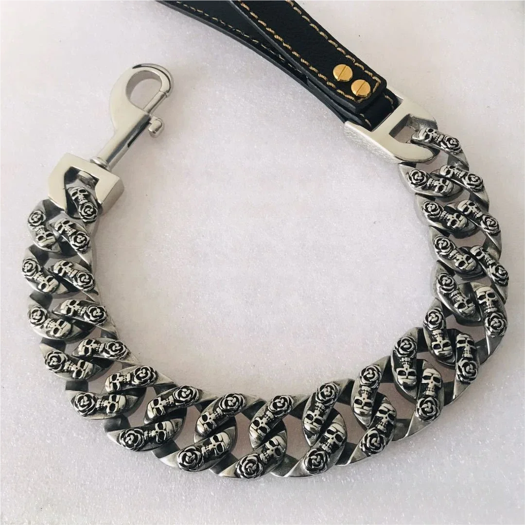 Fashion Hip-Hop SWAG 32MM Stainless Steel Gold Chain Pet Leash with Skull Pattern Anti-Lost for Medium and Large Dogs