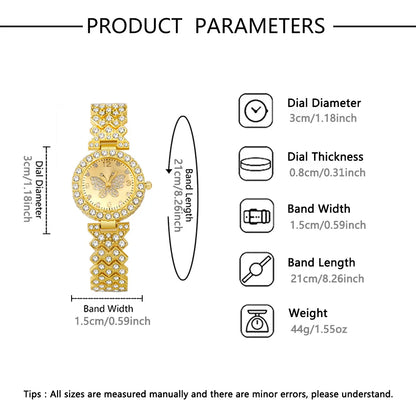 5PCS Fashion Rhinestone Butterfly Dial Women Quartz Watch Elegant Ladies Bracelet Wristwatch Jewelry Set Reloj Mujer（Without Box