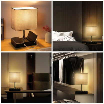 Neoglint Fabric Bedside Table Lamp Nightstand Lamp Desk Light with Warm White LED Bulb Touch Control 10W Wireless Charger USB A