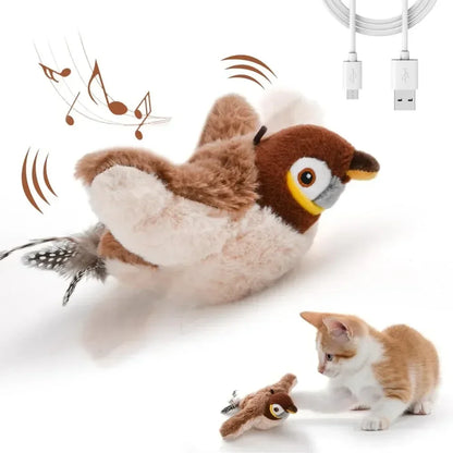 Interactive Cat Toy Chirping Flapping Sparrow Dog Toys Rechargeable Touch Squeak Bird-Shaped Plush Toy with Catnip Pet Supply