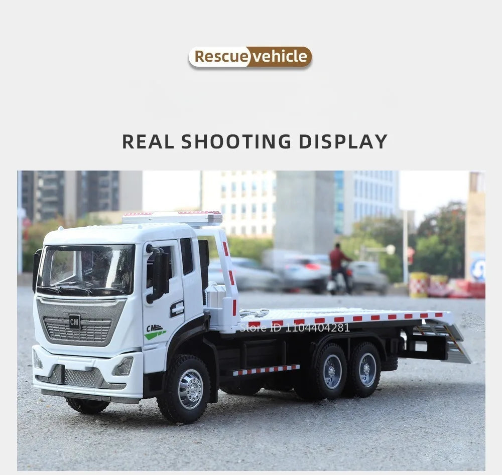 1:32 Road Rescue Flatbed Truck Alloy Dump Model Diecast Toys Car Doors Opened Sound Light Pull Back Vehices Children's Fun Gifts