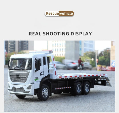 1:32 Road Rescue Flatbed Truck Alloy Dump Model Diecast Toys Car Doors Opened Sound Light Pull Back Vehices Children's Fun Gifts