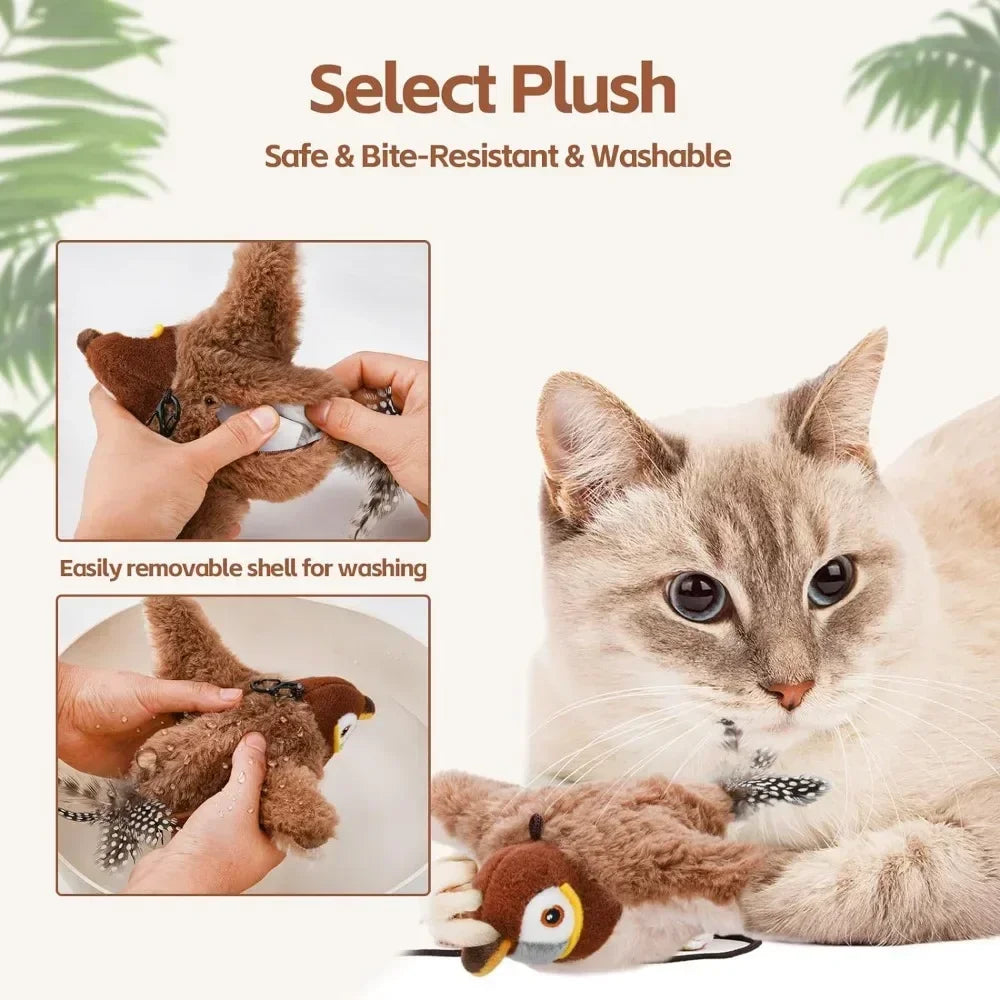 Interactive Cat Toy Chirping Flapping Sparrow Dog Toys Rechargeable Touch Squeak Bird-Shaped Plush Toy with Catnip Pet Supply