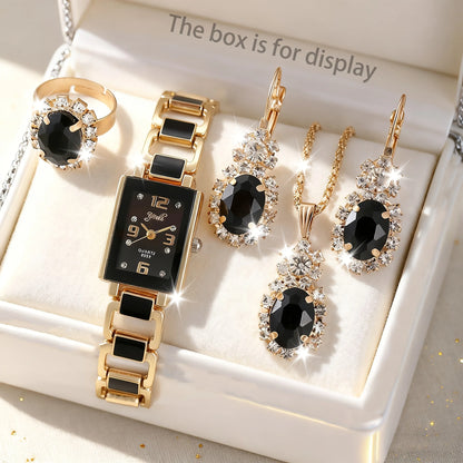 5PCS Women Fashion Rectangle Quartz Wristwatch Ladies Elegant Bracelet Watch With Diamond Jewelry Set Reloj Mujer (Without Box)