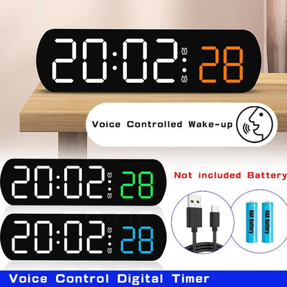 Voice Control Digital Alarm Clock TEMP Date Timer Countdown Night Mode Type-C USB 12/24H Anti-disturb Funtion 2 Alarms LED Clock