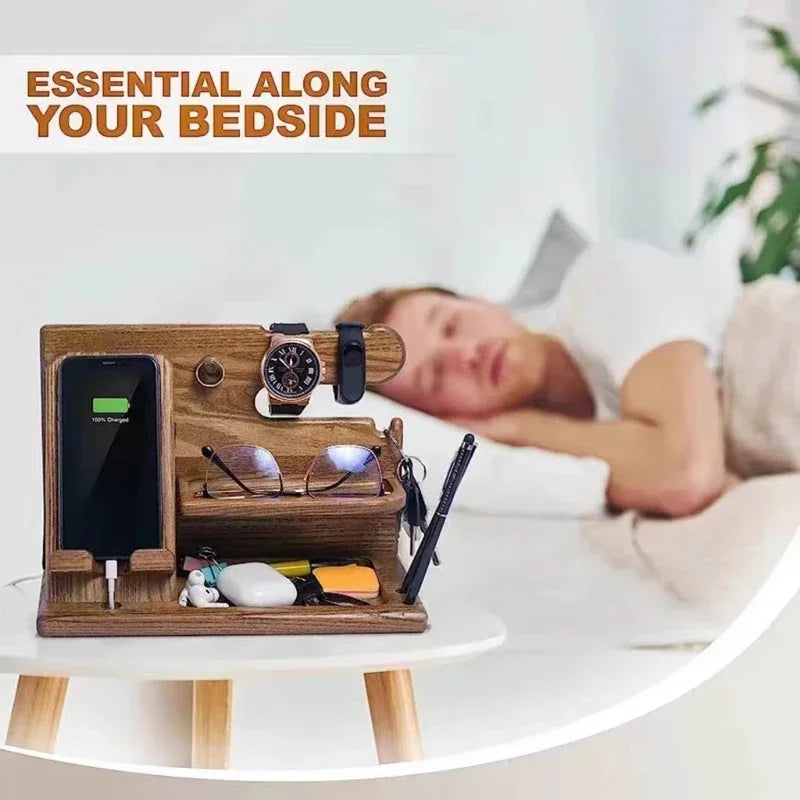 Wooden Bedside Wood Phone Docking Station Holder Wallet Stand Watch Storage Rack Multifunctional Desktop Jewelry Packaging