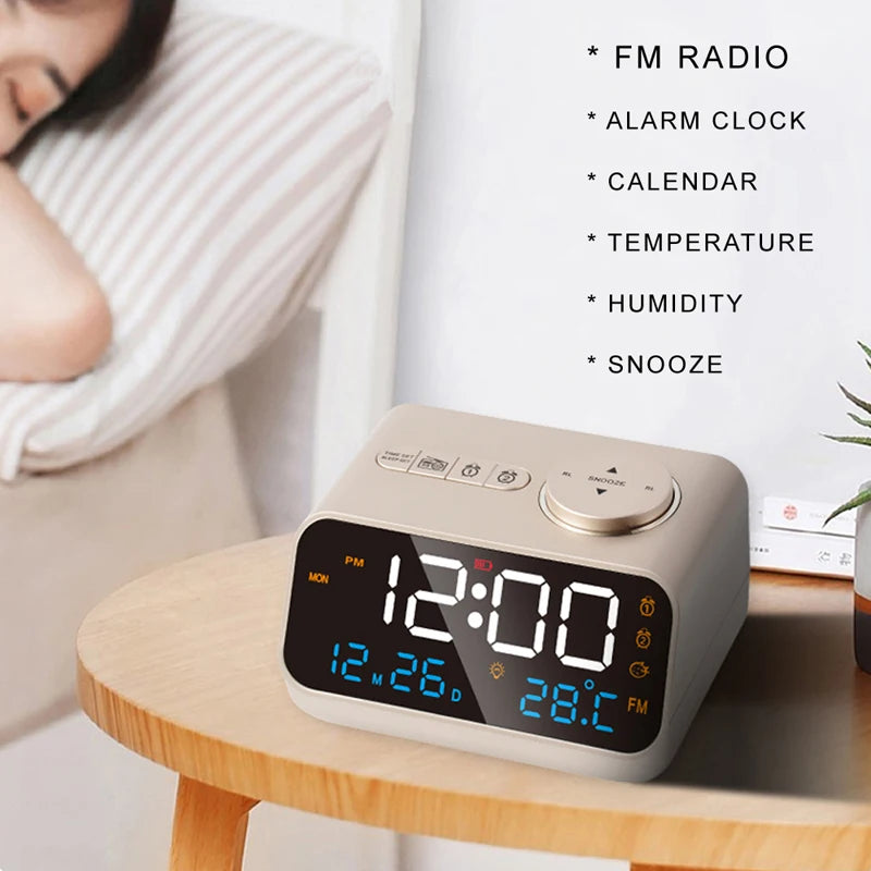 Mordern FM Radio LED Alarm Clock for Bedside Wake Up. Digital Table Calendar with Temperature Thermometer Humidity Hygrometer.