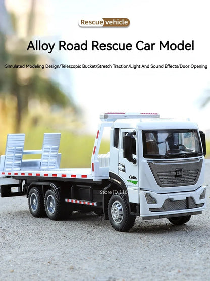 1:32 Road Rescue Flatbed Truck Alloy Dump Model Diecast Toys Car Doors Opened Sound Light Pull Back Vehices Children's Fun Gifts