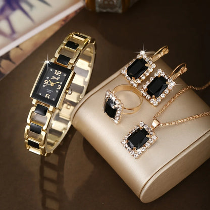 5PCS Women Fashion Rectangle Quartz Wristwatch Ladies Elegant Bracelet Watch With Diamond Jewelry Set Reloj Mujer (Without Box)