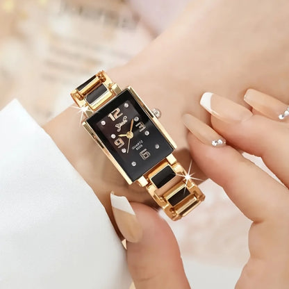5PCS Women Fashion Rectangle Quartz Wristwatch Ladies Elegant Bracelet Watch With Diamond Jewelry Set Reloj Mujer (Without Box)