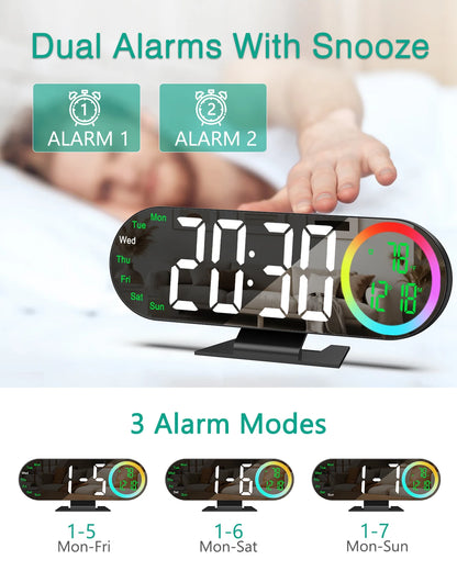 ORIA LED Mirror Clock 8.5" Alarm Clock with 16 Color RGB Light USB Powered Table Clock Temp Week Display For Home Bedroom Office