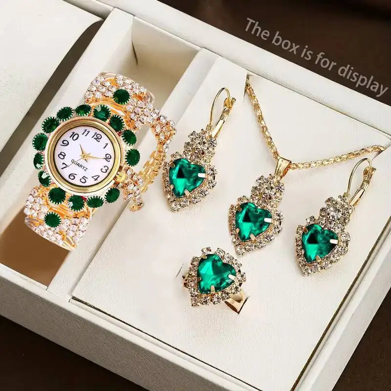 5PCS/Set Luxury Rhinestone Women Watches Fashion Adjustable Bangle Ladies Quartz Wristwatch Jewelry Set Reloj Mujer（Without Box）