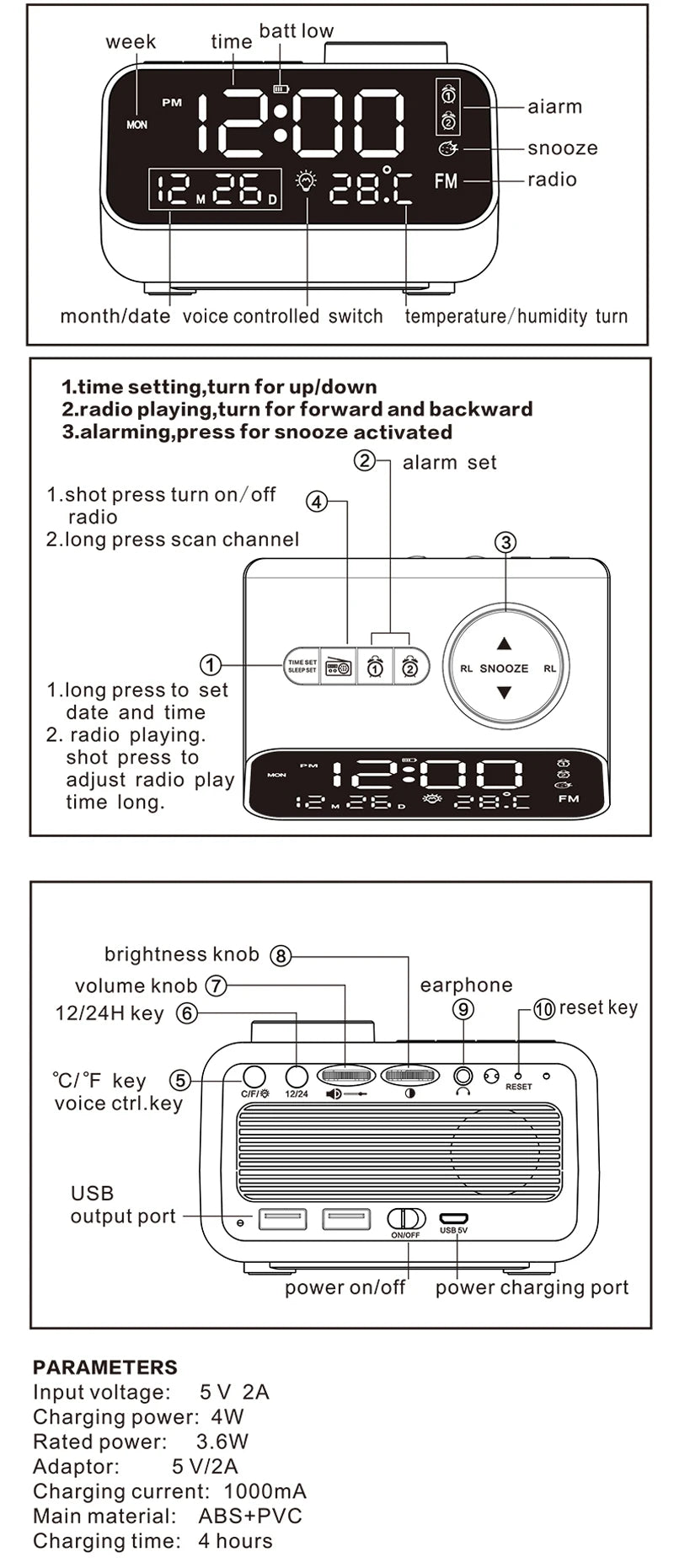 Mordern FM Radio LED Alarm Clock for Bedside Wake Up. Digital Table Calendar with Temperature Thermometer Humidity Hygrometer.