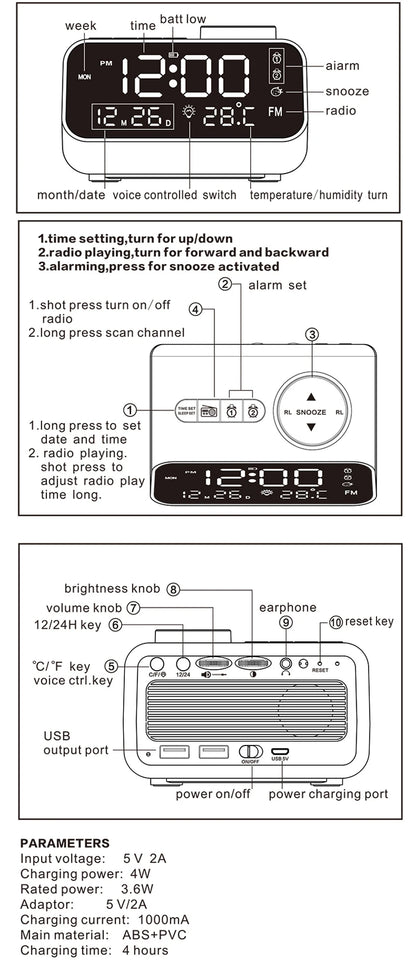 Mordern FM Radio LED Alarm Clock for Bedside Wake Up. Digital Table Calendar with Temperature Thermometer Humidity Hygrometer.