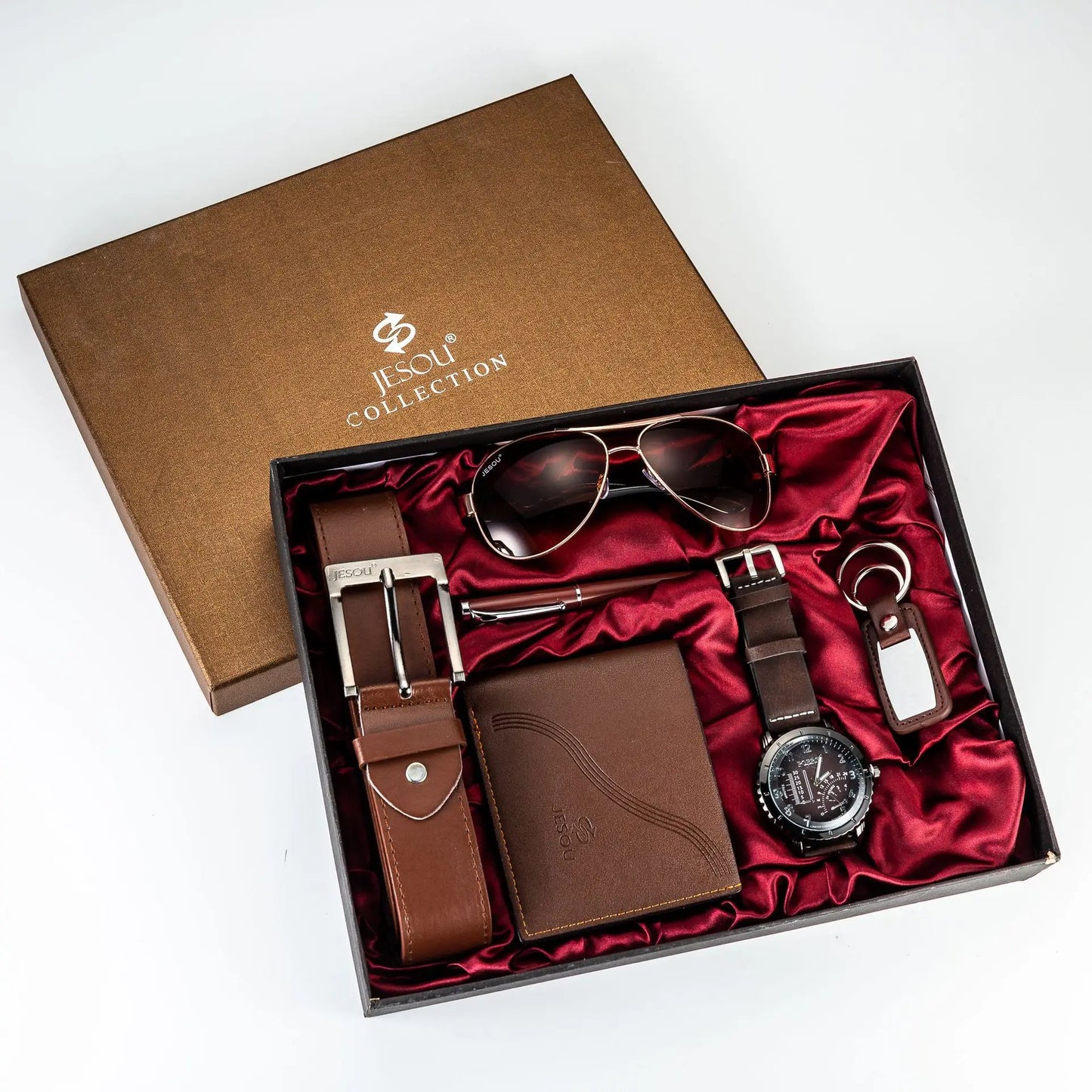 6Pcs/Set Fashion Mens Watches Set Luxury Gift Box Watch for Men Belt Glasses Keychain Pen Wallet Male Wristwatch Set with Box