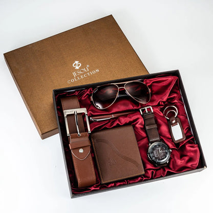 6Pcs/Set Fashion Mens Watches Set Luxury Gift Box Watch for Men Belt Glasses Keychain Pen Wallet Male Wristwatch Set with Box