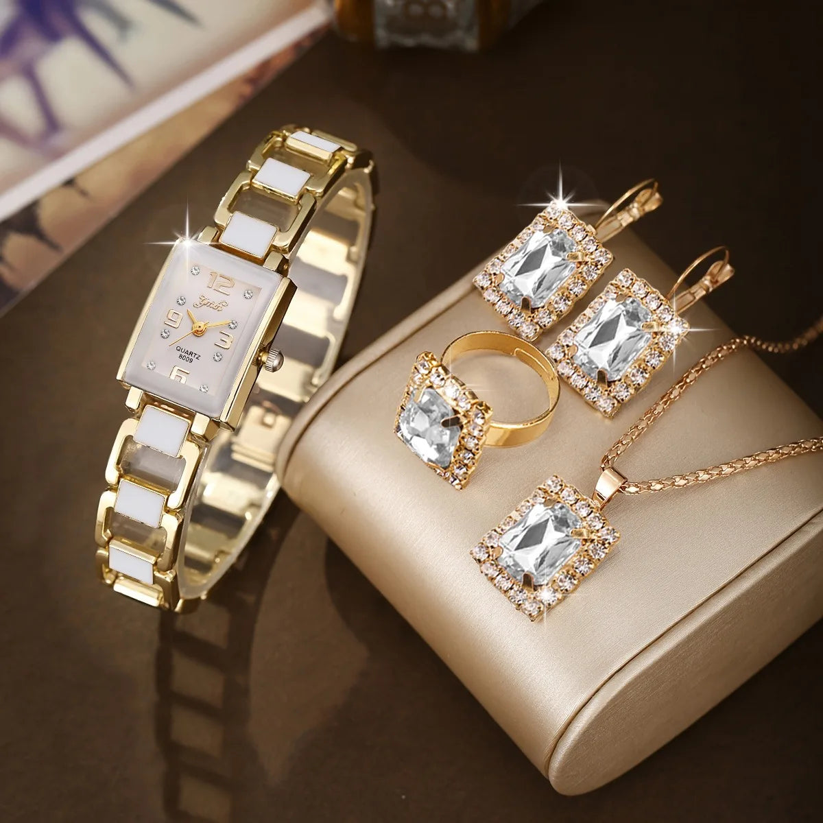 5PCS Women Fashion Rectangle Quartz Wristwatch Ladies Elegant Bracelet Watch With Diamond Jewelry Set Reloj Mujer (Without Box)